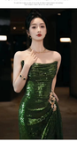 Mermaid Strapless Dark Green Sequin Long Prom Dresses Evening Gowns SD1810