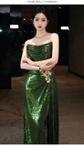 Mermaid Strapless Dark Green Sequin Long Prom Dresses Evening Gowns SD1810