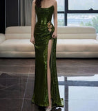 Mermaid Strapless Dark Green Sequin Long Prom Dresses Evening Gowns SD1810