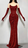 Mermaid Strapless Burgundy Sequin Long Prom Dresses Evening Gowns With Gloves SD1811