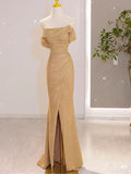 Mermaid Off The Shoulder Gold Slit Sequin Long Party Dress Prom Dresses SD1812