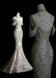Mermaid Off The Shoulder Silver Sequin Long Party Dress Prom Dresses SD1814