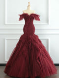 Mermaid Off The Shoulder Burgundy Tulle Long Party Dress Prom Dresses SD1816