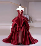 Ball Gown Sweetheart Burgundy Satin Long Evening Gowns Prom Dresses SD1817