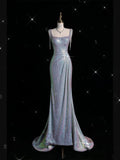 Mermaid Spaghetti Straps Sequin Silver Evening Gowns Long Prom Dresses SD1822