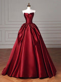 Ball Gown Strapless Burgundy Satin Long Evening Gowns Prom Dresses SD1823