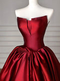Ball Gown Strapless Burgundy Satin Long Evening Gowns Prom Dresses SD1823
