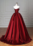 Ball Gown Strapless Burgundy Satin Long Evening Gowns Prom Dresses SD1823