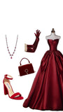 Ball Gown Strapless Burgundy Satin Long Evening Gowns Prom Dresses SD1823