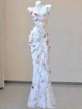 Mermaid Straps Chiffon Floral Evening Gowns Long Prom Dresses SD1825