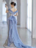 Mermaid Off The Shoulder Blue Sequin Long Party Dress Prom Dresses SD1826