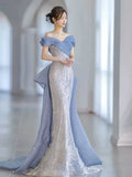 Mermaid Off The Shoulder Blue Sequin Long Party Dress Prom Dresses SD1826