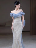 Mermaid Off The Shoulder Blue Sequin Long Party Dress Prom Dresses SD1826