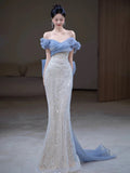 Mermaid Off The Shoulder Blue Sequin Long Party Dress Prom Dresses SD1826