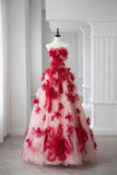 Ball Gown Strapless Red Tulle Floral Long Evening Gowns Prom Dresses SD1829