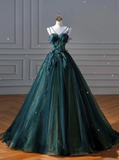 Ball Gown Strapless Green Tulle Long Evening Gowns Prom Dresses SD1830