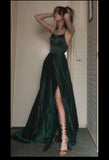 A Line Halter Dark Green Satin Long Evening Gowns Prom Dresses SD1832