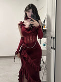 Mermaid Straps Burgundy Velvet Long Evening Gowns Prom Dresses SD1833