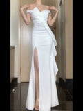 Mermaid Strapless White Satin Long Evening Gowns Prom Dresses SD1834