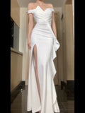 Mermaid Strapless White Satin Long Evening Gowns Prom Dresses SD1834