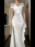 Mermaid Strapless White Satin Long Evening Gowns Prom Dresses SD1834
