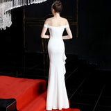 Mermaid Strapless White Satin Long Evening Gowns Prom Dresses SD1834