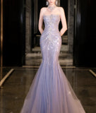 Mermaid High Neckline Tulle Lilac Beads Long Party Dress Prom Dresses SD1839