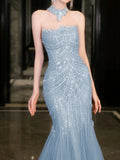 Mermaid High Neckline Tulle Blue Beads Long Party Dress Prom Dresses SD1838