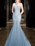 Mermaid High Neckline Tulle Blue Beads Long Party Dress Prom Dresses SD1838