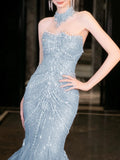 Mermaid High Neckline Tulle Blue Beads Long Party Dress Prom Dresses SD1838