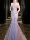 Mermaid High Neckline Tulle Lilac Beads Long Party Dress Prom Dresses SD1839