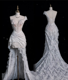 High Low One Shoulder Lace White Long Wedding Dresses SD1843