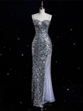 Sheath Spaghetti Straps Sequin Silver Long Evening Dress Prom Dresses SD1851