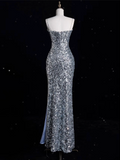 Sheath Spaghetti Straps Sequin Silver Long Evening Dress Prom Dresses SD1851