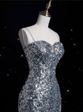 Sheath Spaghetti Straps Sequin Silver Long Evening Dress Prom Dresses SD1851