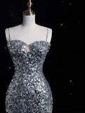Sheath Spaghetti Straps Sequin Silver Long Evening Dress Prom Dresses SD1851