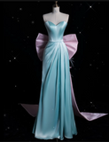 A Line Sweetheart Blue Satin Party Dress Long Prom Dress Evening Dresses SD1853