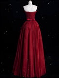A Line Strapless Burgundy Party Dress Long Prom Dress Evening Dresses SD1856
