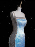 Mermaid Straps Sequin Blue Party Dress Long Prom Dress Evening Dresses With Tassel SD1857