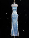 Mermaid Straps Sequin Blue Party Dress Long Prom Dress Evening Dresses With Tassel SD1857
