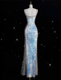 Mermaid Straps Sequin Blue Party Dress Long Prom Dress Evening Dresses With Tassel SD1857