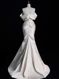 Mermaid Off The Shoulder Ivory Satin Long Wedding Dresses Brides Dress SD1861