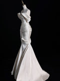 Mermaid Off The Shoulder Ivory Satin Long Wedding Dresses Brides Dress SD1861