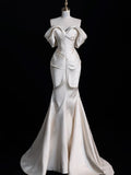 Mermaid Off The Shoulder Ivory Satin Long Wedding Dresses Brides Dress SD1861