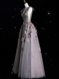 Ball Gown V Neckline Gray Tulle Floral Long Evening Gowns Prom Dresses SD1862