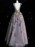 Ball Gown V Neckline Gray Tulle Floral Long Evening Gowns Prom Dresses SD1862