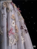 Ball Gown V Neckline Gray Tulle Floral Long Evening Gowns Prom Dresses SD1862