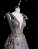 Ball Gown V Neckline Gray Tulle Floral Long Evening Gowns Prom Dresses SD1862