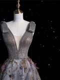Ball Gown V Neckline Gray Tulle Floral Long Evening Gowns Prom Dresses SD1862