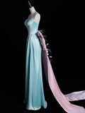 A Line Sweetheart Blue Satin Party Dress Long Prom Dress Evening Dresses SD1853